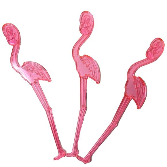 Lot of 3 Vintage Pink Flamingo Swizzle Stick Cocktail Drink Stirrer 6 in Tall - Picture 1 of 3